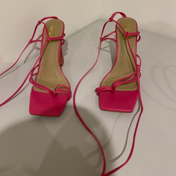 Ego x Maura Pink Strappy Lace Up Square Toe Block Heel - Picture 5 of 6
